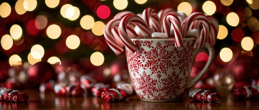 Festive Christmas ceramic mug decorated with red snowflakes, overflowing with sweet marshmallows and striped peppermint candy canes against warm holiday bokeh lights.