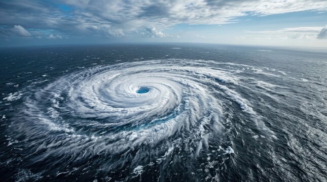 A powerful hurricane swirls over the open ocean. The storm&rsquo;s eye is visible as a dark, central depression surrounded by a massive spiral of turbulent, white-capped waves.