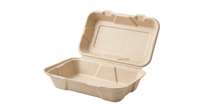 Compostable molded-fiber takeaway food container with a clean practical design for sustainable food packaging. Isolated on White background.