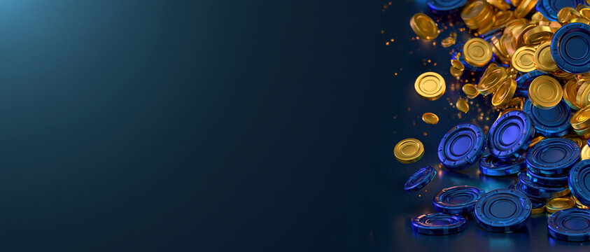 Stunning 3D render of blue neon-lit poker chips with club, spade and heart symbols mixed with flying gold coins exploding on a deep blue background.
