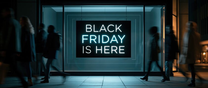 Shoppers blur past a glowing neon Black Friday sign in a sleek boutique window at night. Perfect for retail campaigns, seasonal sale promotions, and urban shopping editorial.
