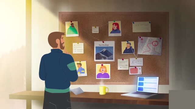 Detective planning investigation strategy looking at corkboard map and suspect photos during police work animation footage