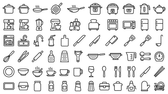 100 Kitchen and Cooking Linear Icons Featuring Appliances Cookware Utensils Tableware Food Storage and Editable Stroke Vector Art