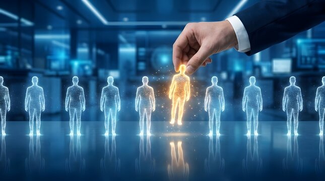 Hand Selecting Glowing Hologram Figure for HR Recruitment and Talent Acquisition Concept