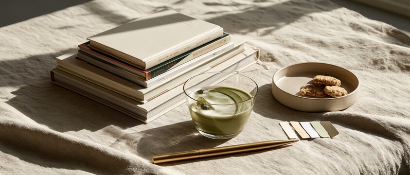 Soft natural light washes over a linen surface styled with stacked books, iced matcha latte, ceramic dish of cookies, gold pen, and color swatches evoking slow living and creative ritual.