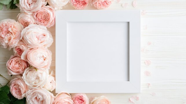 Elegant blank white picture frame surrounded by soft pink rose flower petals on white wooden surface for decoration