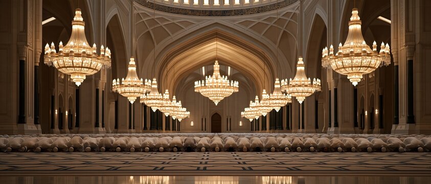 Rows of Muslim worshippers bow in unified prayer inside a breathtaking grand mosque hall, lit by cascading crystal chandeliers beneath soaring GothicIslamic arched vaults. Ideal for faith.