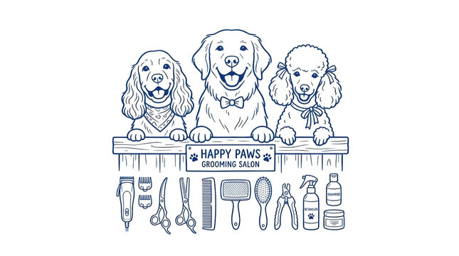 Happy paws grooming salon logo with dogs and grooming tools isolated on transparent background