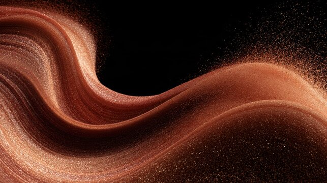Fluid C-curve of shimmering rose gold and copper particle dust, deep texture