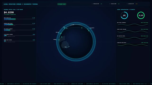 4K global enterprise command center UI with authentic 3D holographic earth, live financial telemetry, and server metrics. Seamless 60fps loop for corporate B2B.