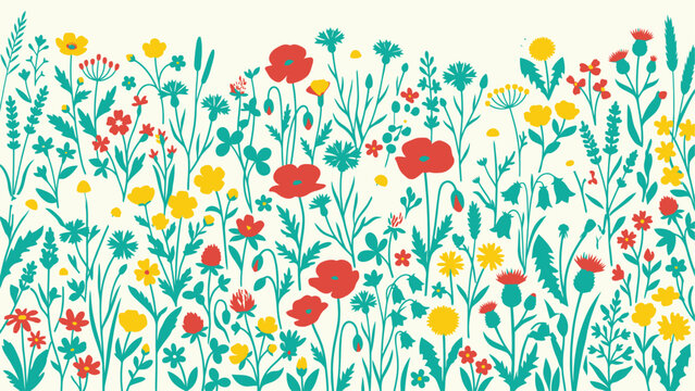 Flat vector illustration of a colorful wildflower meadow featuring red poppies, yellow dandelions, and teal cornflowers on a light cream background for nature-themed design.