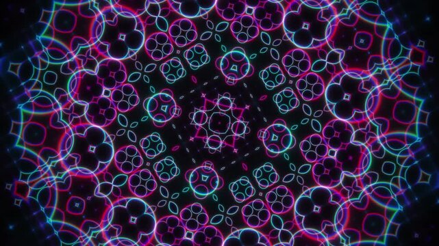 Loop Psychedelic Neon Mandala Animation with Glitch Distortion on Dark Background. Abstract Neon Glitch Kaleidoscope Loop with Glowing Pink and Cyan Geometric Patterns