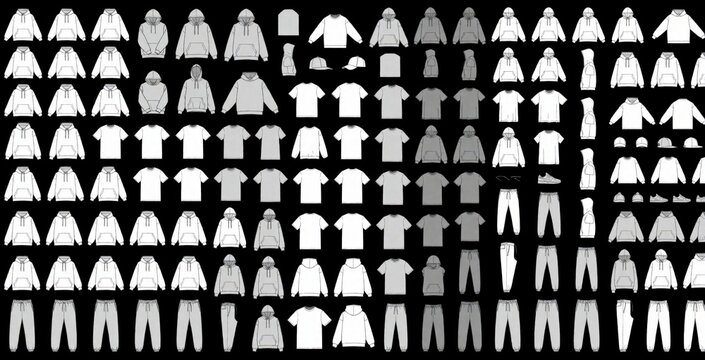 Large collection of clothing flat sketches. Apparel technical drawings include hoodies, t-shirts, pants, jackets, accessories. Fashion designer templates for streetwear tech packs, garment