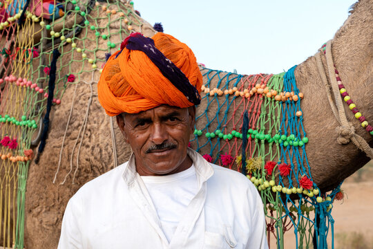Portrait of camel herder during Pushkar Mela Camel Fair Festival