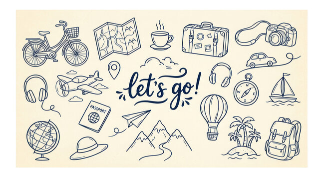 Handdrawn travel and adventure icons set isolated on transparent background