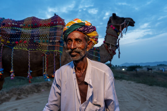 Portrait of camel herder during Pushkar Mela Camel Fair Festival