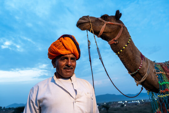 Portrait of camel herder during Pushkar Mela Camel Fair Festival