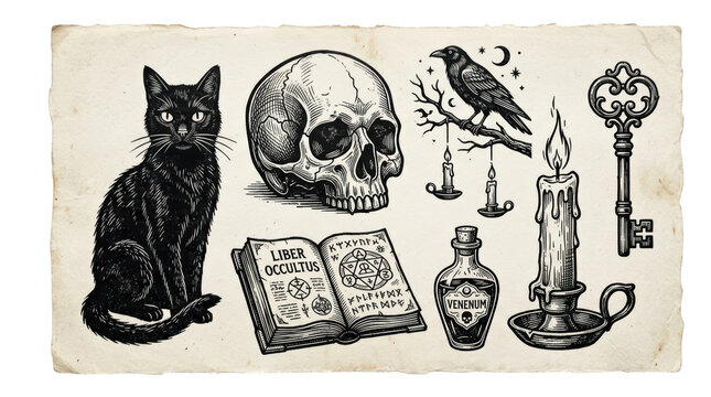 Vintage occult collection with black cat, skull, raven, and magic book isolated on transparent background
