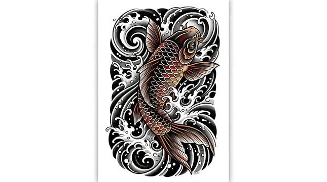 Koi fish swimming in stylized japanese tattoo waves illustration