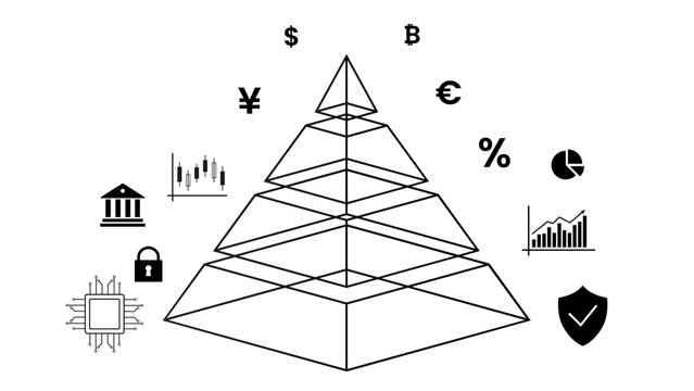 Vector illustration of four-tier wireframe pyramid structure with financial icons for global currencies, crypto, stock market charts, data analytics, and digital security on transparent background