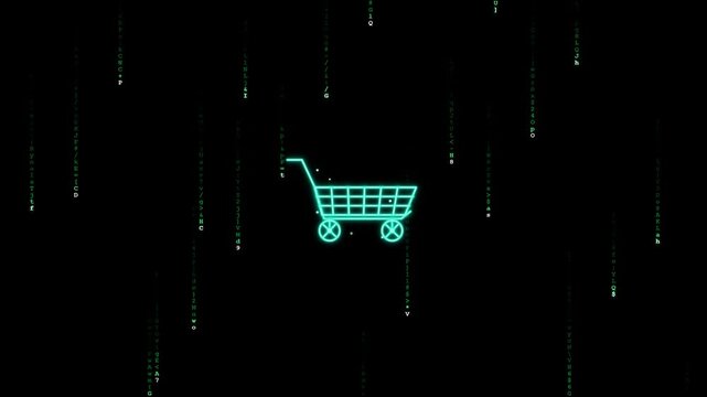 Futuristic 2D neon shopping cart glowing like a light stick positioned statically at the center while a Matrix-style digital rain background flows continuously. The vibrant illuminated cart and glowin