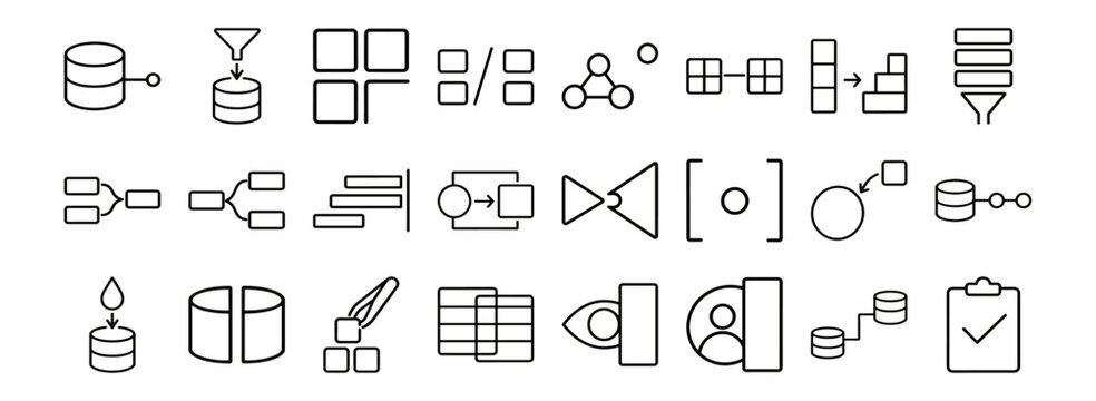 Database and data flow workflow icons for ETL, data modeling, integration, transformation and visualization &mdash; Outline Icon Set
