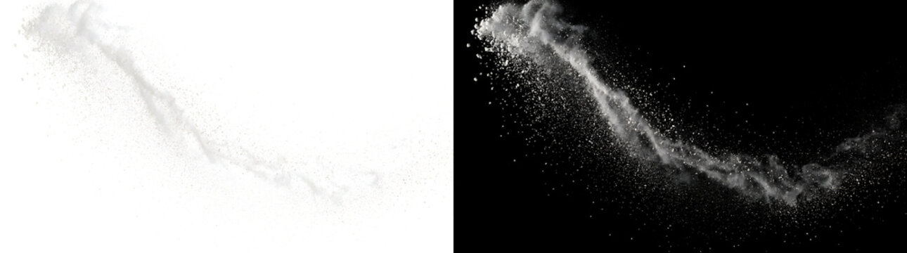 Powder white dust cloud with flying particles in a curved arc for overlays in PNG, Transparent and Black Background Versions