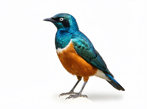 Vibrant starling bird with blue and orange plumage standing upright on one leg against white background