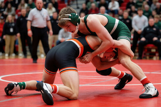 Two young high school wrestlers compete in intense freestyle match on red mat. Teenage athletes fight for victory during school sports tournament. One wrestler tries to pin opponent in gym arena with