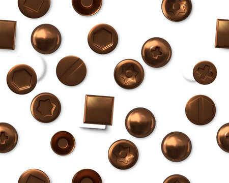 3D screw metal background pattern with copper fasteners and hardware. Repeating bolt head nut and hexagon details create a seamless industrial vector background for construction and engineering.