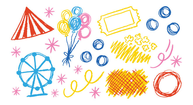 Carnival and circus theme hand drawn crayon doodle set