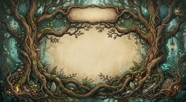Ancient tree root frame with lanterns and magical moss for rustic woodland fantasy party invitations and stationery.
