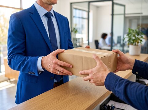 Business executive receiving a cardboard package at the office