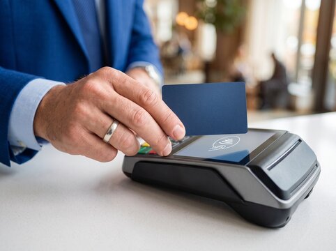 Businessman using a contactless credit card for payment at a terminal
