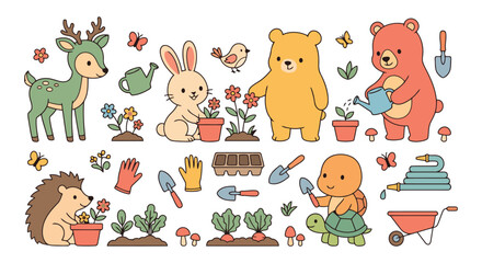 Obraz premium Cute cartoon animals gardening set with plants and tools