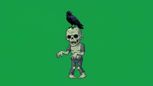 Animated cartoon zombie character walking with a black raven perched on its head against a solid green screen background for video game integration