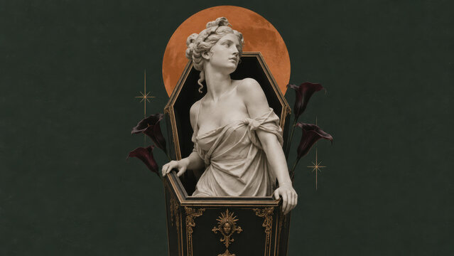 Classical marble statue of a woman rising from an ornate gilded coffin, blood moon and dark calla lilies behind.