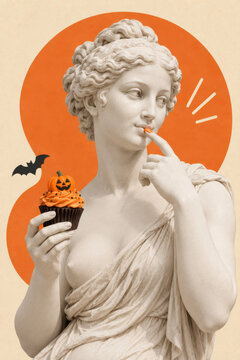 Classical marble statue of a woman holding a jack o lantern cupcake, licking orange frosting from her finger.