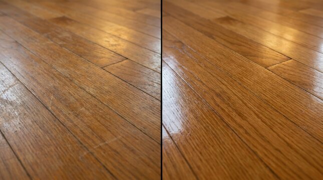 wood floor refinishing before after Close-up of polished wooden floor with natural grain and light reflection