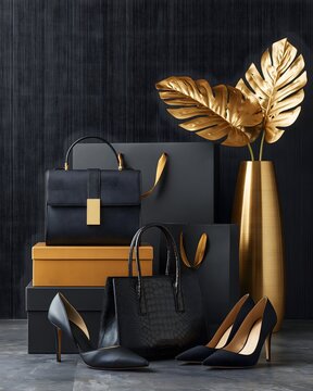 Black Friday luxury fashion shopping scene featuring premium handbags, elegant shoes, shopping bags and gold decorative accents against a dark sophisticated background