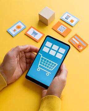 Black Friday mobile commerce concept showing a shopper holding a smartphone with a digital retail interface, product cards and shopping cart elements, bright contemporary lifestyle photography
