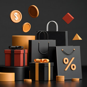 3D Black Friday shopping composition with oversized shopping bags, gift boxes, floating coins, geometric discount symbols and glossy black surfaces, premium studio render