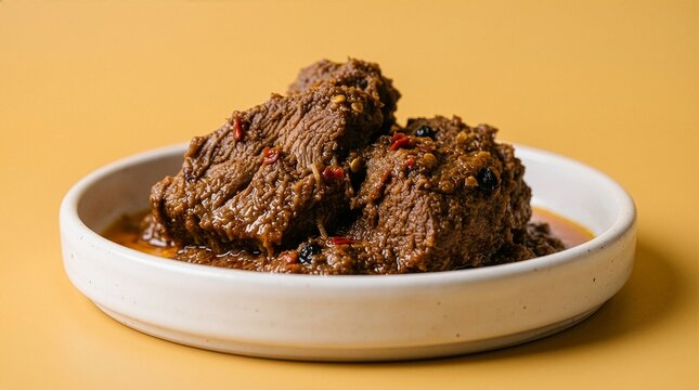 Close up of traditional Indonesian beef rendang on a white plate