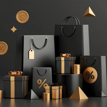 3D Black Friday shopping composition with oversized shopping bags, gift boxes, floating coins, geometric discount symbols and glossy black surfaces, premium studio render