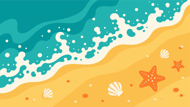 Top view summer tropical beach with turquoise ocean waves starfish and seashells on sand, flat vector illustration