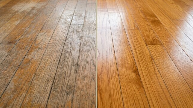wood floor refinishing before after Close-up view of textured wooden floorboards with natural grain patterns.