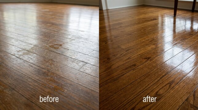wood floor refinishing before after Before and after comparison of polished wooden floor showing restored shine.