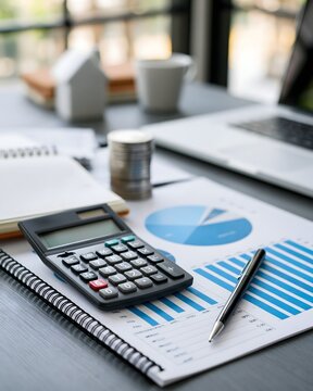 New Year 2027 financial planning concept with calculator, investment charts, budget notebook and laptop on an organized desk, realistic commercial business photography