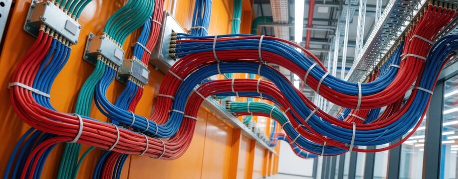 Colorful electrical wires run through metal cable trays in modern building. Red, blue power cables connect to metal junction boxes on orange wall. Pro industrial wiring installation shows organized