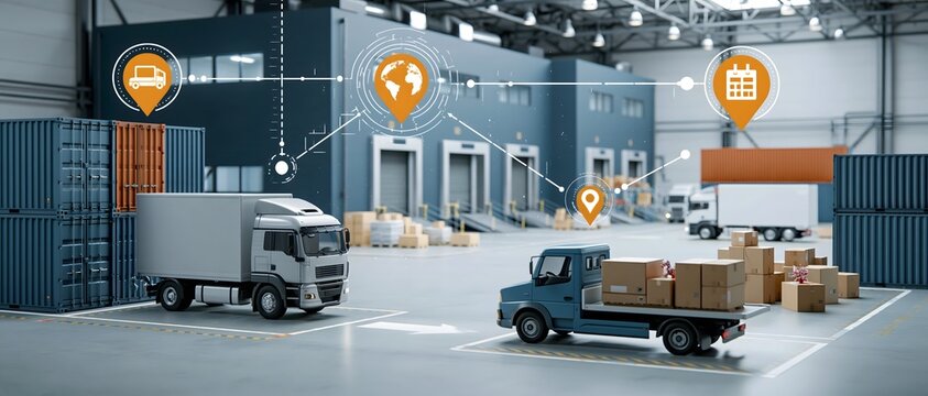 Global holiday supply chain featuring cargo containers, fulfillment warehouse, delivery trucks and seasonal parcels connected through digital logistics tracking, panoramic commercial visualization